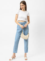 High-Rise Paper Bag Pants - Light Blue
