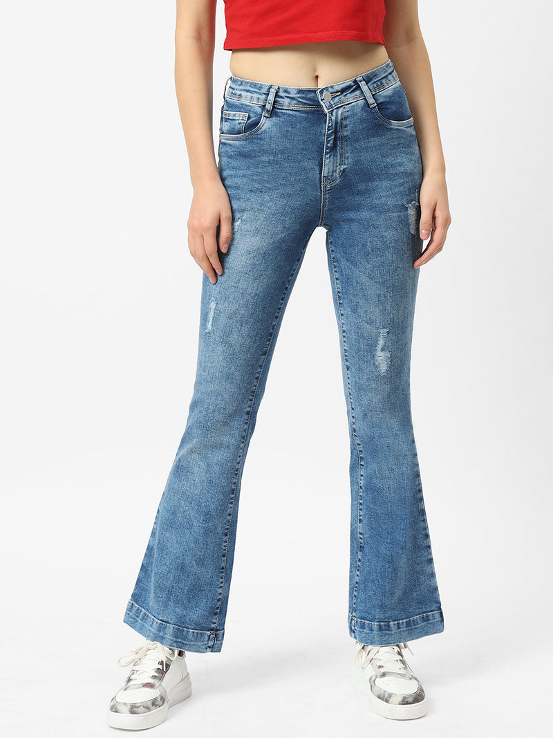 K5013 High-Rise Flared Ripped Jeans - Light Blue