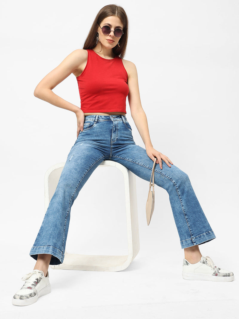 K5013 High-Rise Flared Ripped Jeans - Light Blue