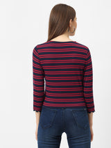 Women Navy & Red Crop Striped T-Shirt - Navy Red