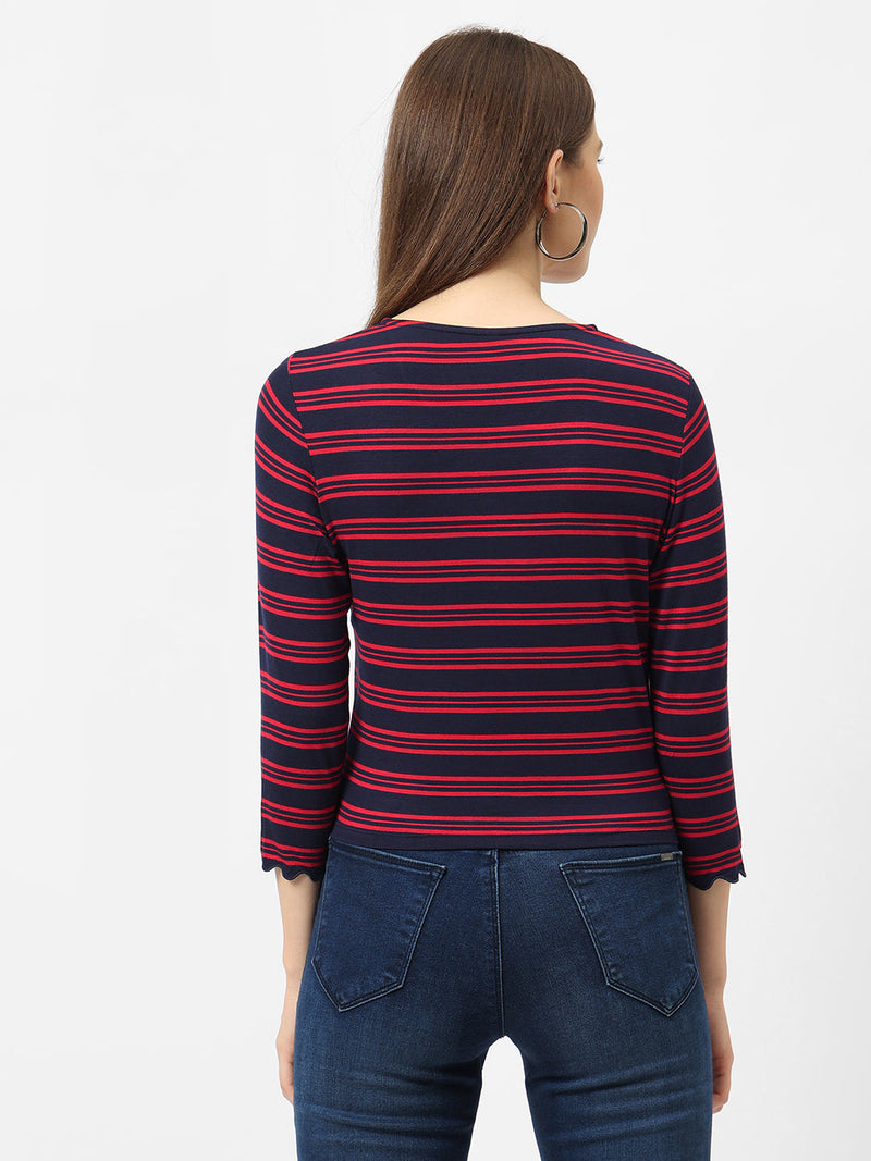 Women Navy & Red Crop Striped T-Shirt - Navy Red