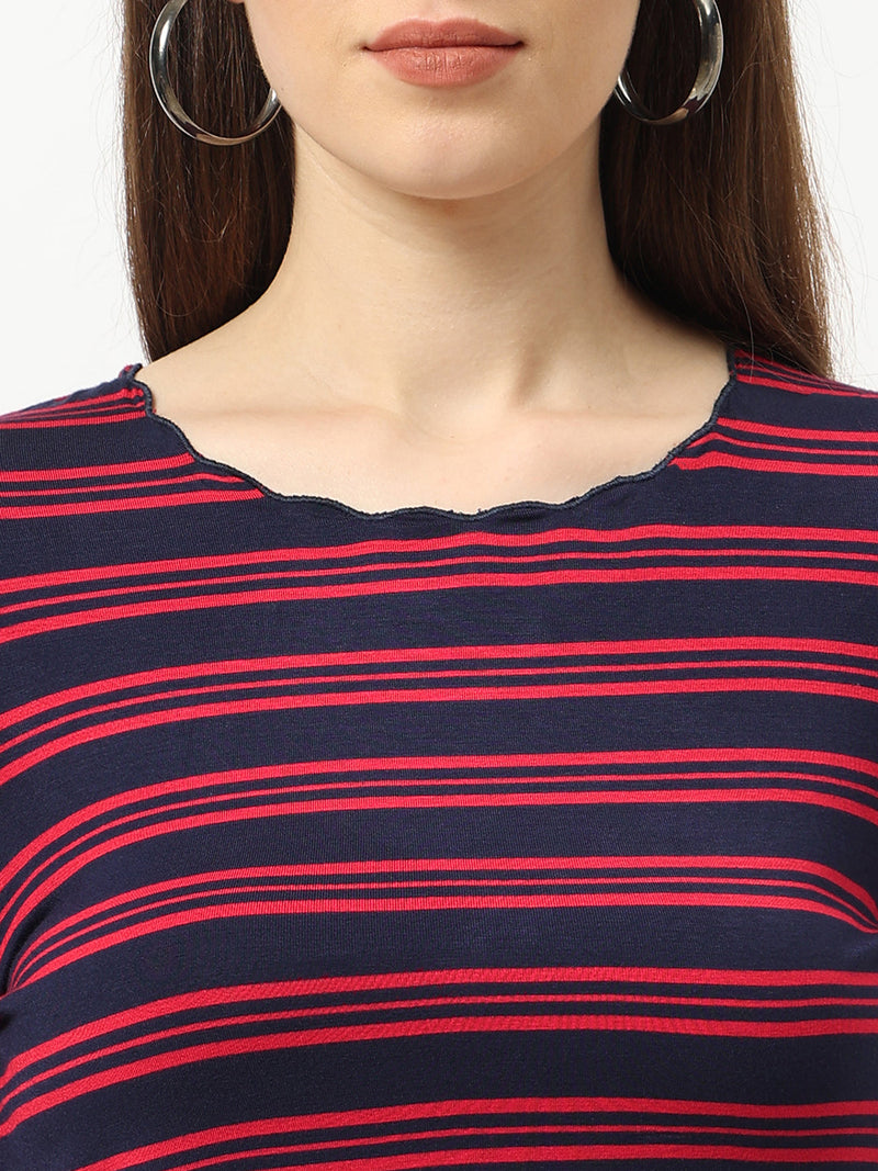 Women Navy & Red Crop Striped T-Shirt - Navy Red