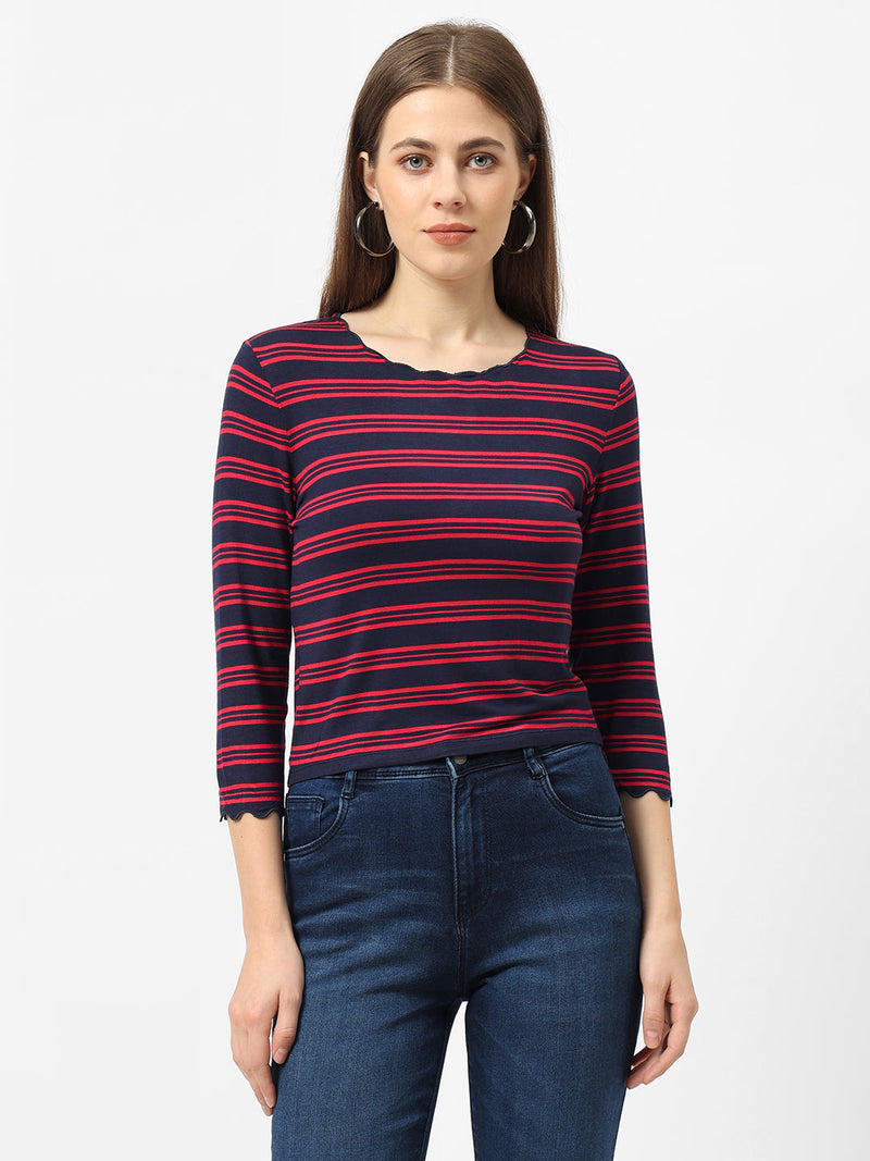 Women Navy & Red Crop Striped T-Shirt - Navy Red