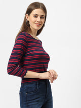 Women Navy & Red Crop Striped T-Shirt - Navy Red