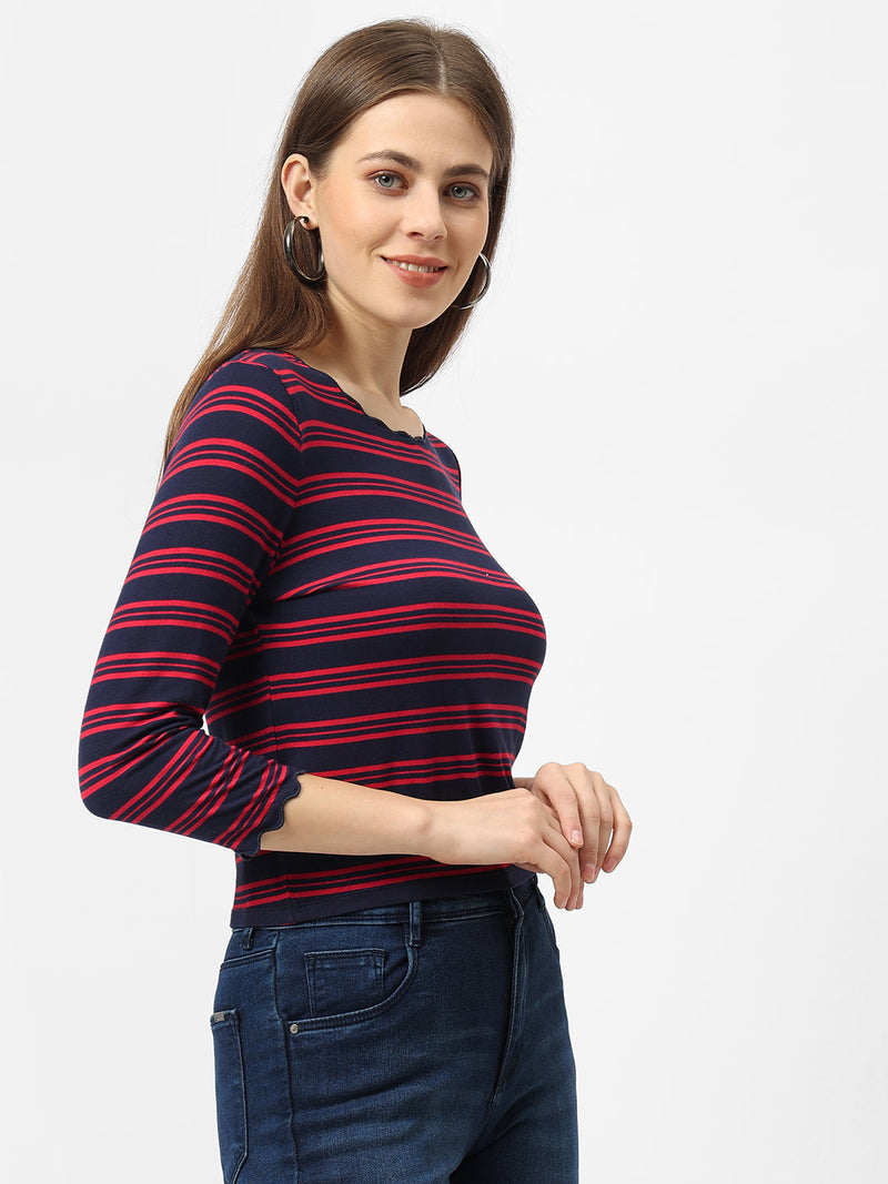 Women Navy & Red Crop Striped T-Shirt - Navy Red