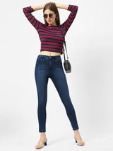 Women Navy & Red Crop Striped T-Shirt - Navy Red