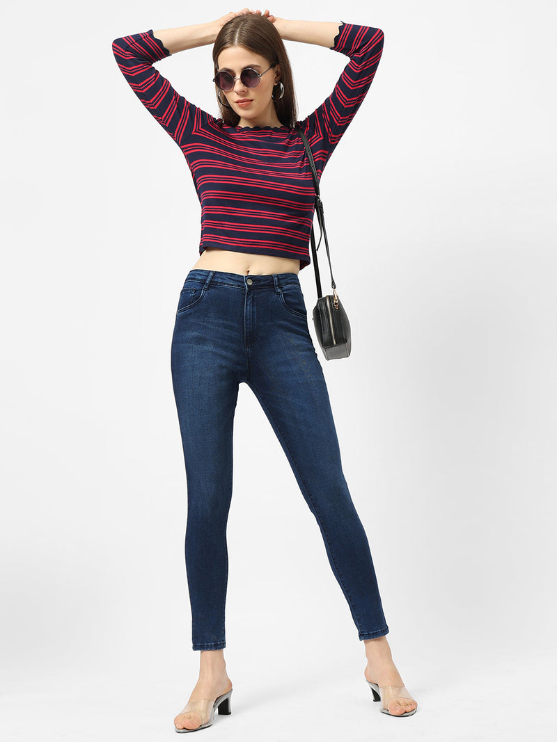 Women Navy & Red Crop Striped T-Shirt - Navy Red