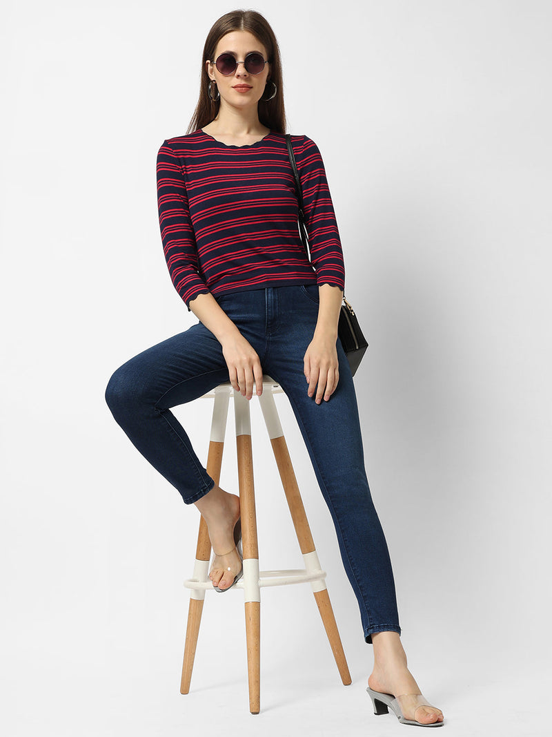 Women Navy & Red Crop Striped T-Shirt - Navy Red