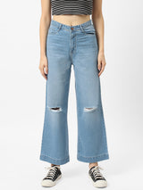 K5031 High-Rise Wide Leg Knee Blowout Jeans - Blue
