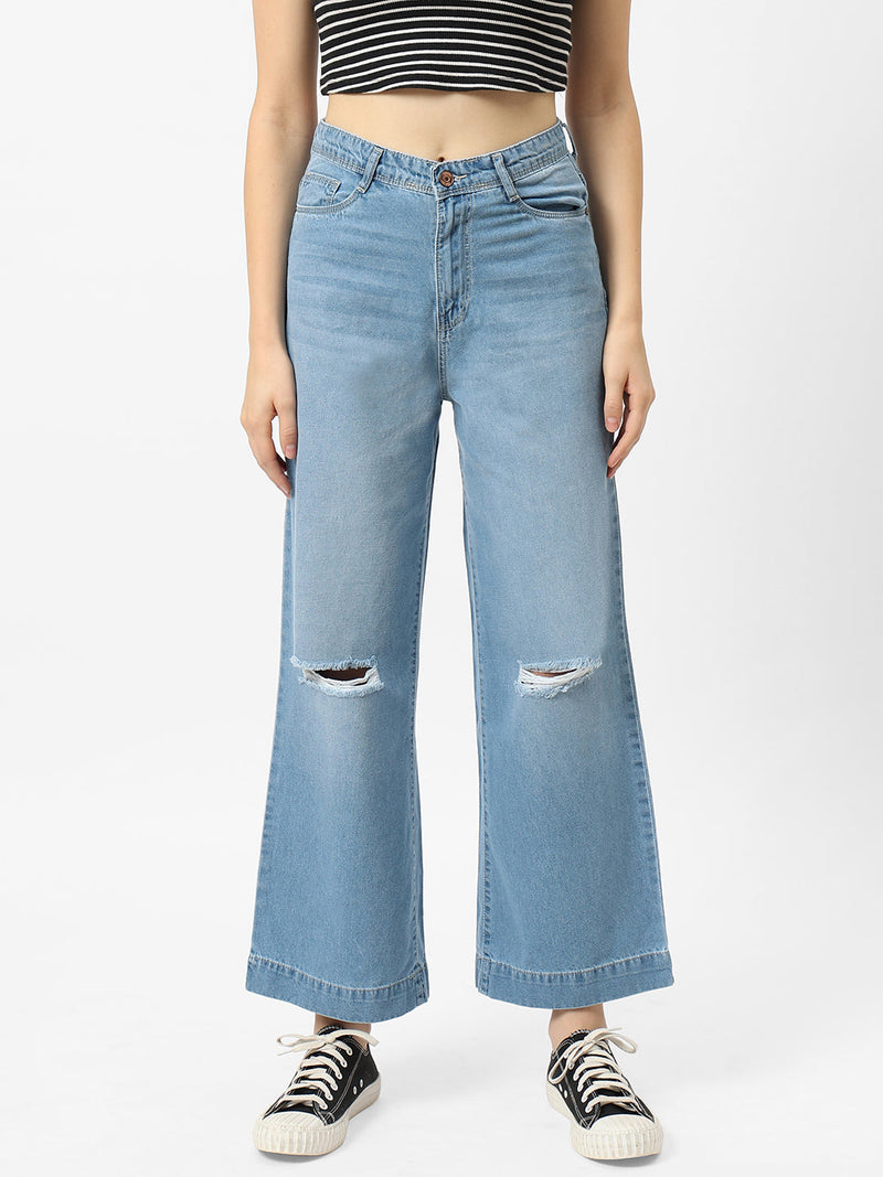 K5031 High-Rise Wide Leg Knee Blowout Jeans - Blue
