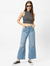 K5031 High-Rise Wide Leg Knee Blowout Jeans - Blue