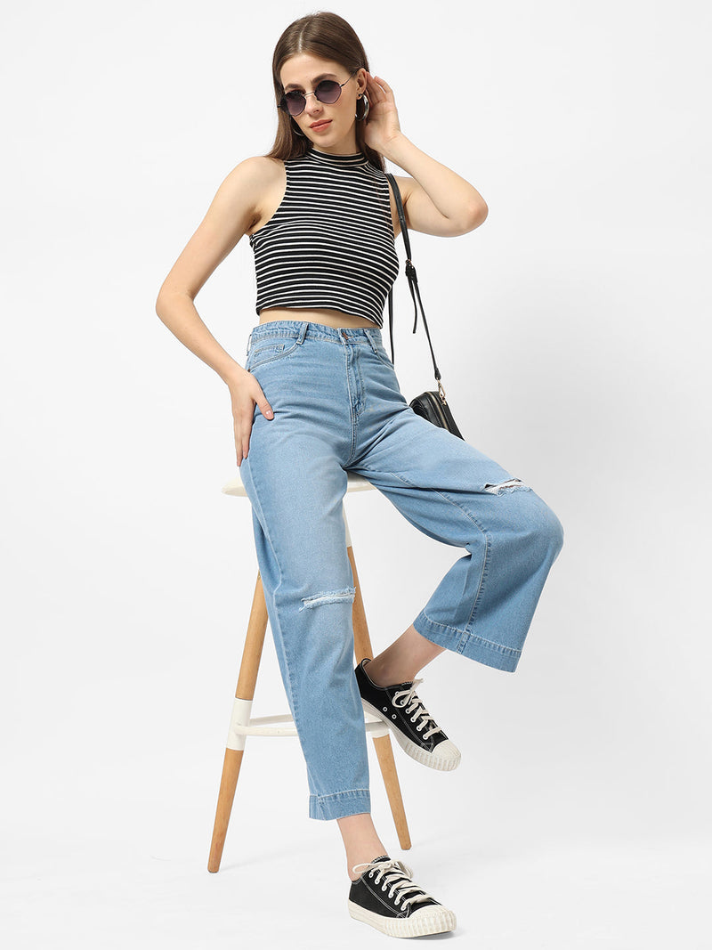 K5031 High-Rise Wide Leg Knee Blowout Jeans - Blue