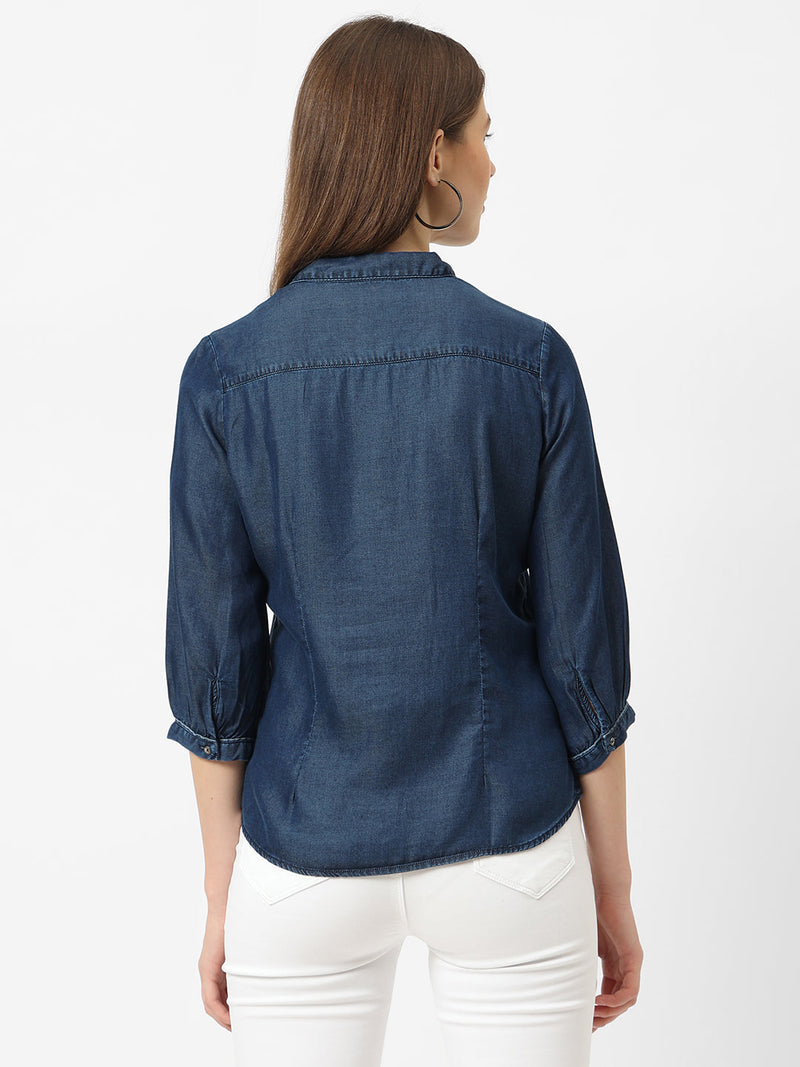 Women Blue Solid Denim Shirt - Dark Blue
