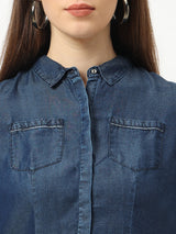 Women Blue Solid Denim Shirt - Dark Blue