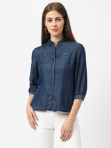 Women Blue Solid Denim Shirt - Dark Blue