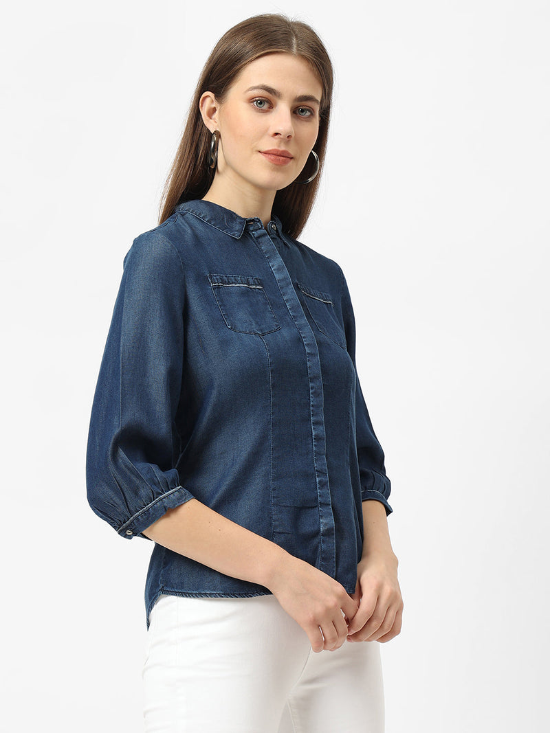 Women Blue Solid Denim Shirt - Dark Blue