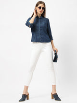 Women Blue Solid Denim Shirt - Dark Blue