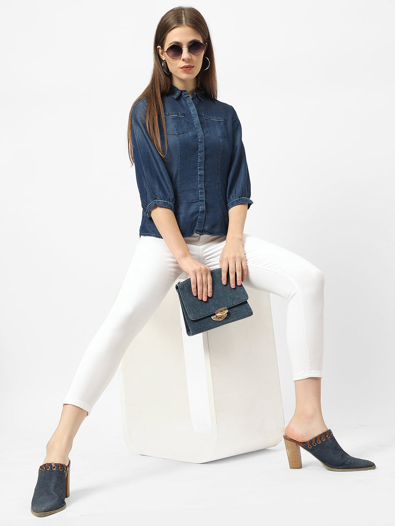 Women Blue Solid Denim Shirt - Dark Blue
