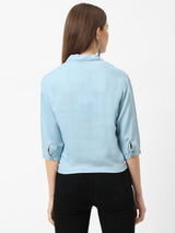Women Blue Crop Denim Shirt With Mask - Light Blue