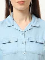 Women Blue Crop Denim Shirt With Mask - Light Blue