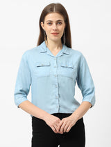 Women Blue Crop Denim Shirt With Mask - Light Blue