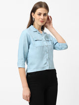 Women Blue Crop Denim Shirt With Mask - Light Blue