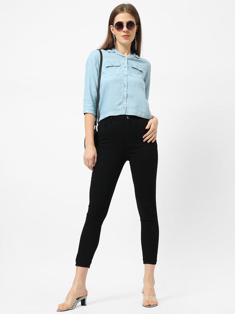 Women Blue Crop Denim Shirt With Mask - Light Blue