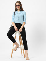 Women Blue Crop Denim Shirt With Mask - Light Blue