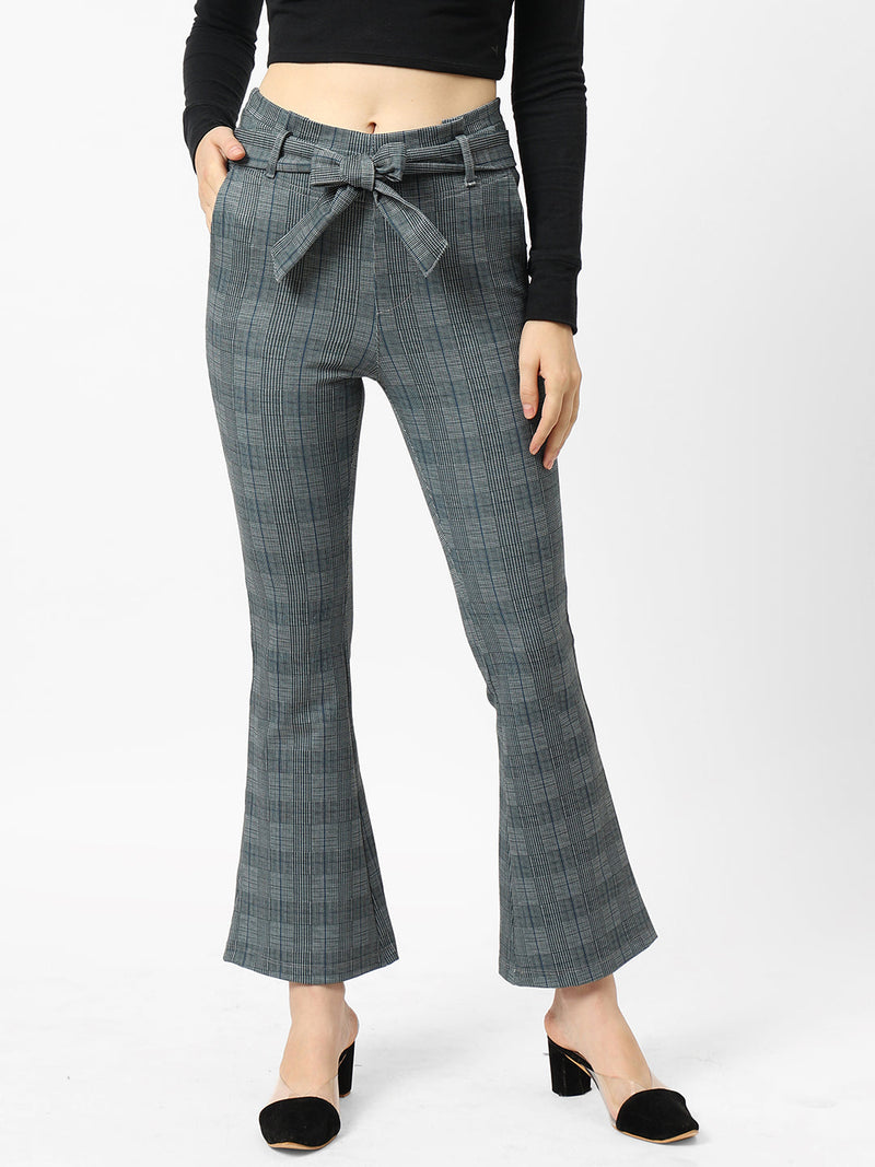 High-Rise Flared Knitted Paper Bag Pants - Grey