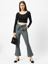 High-Rise Flared Knitted Paper Bag Pants - Grey