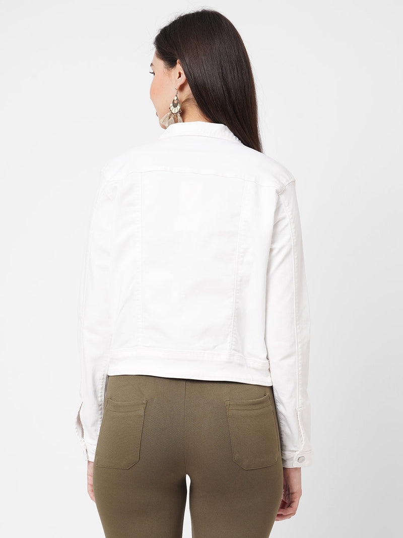 Women White Solid Denim Jacket - White