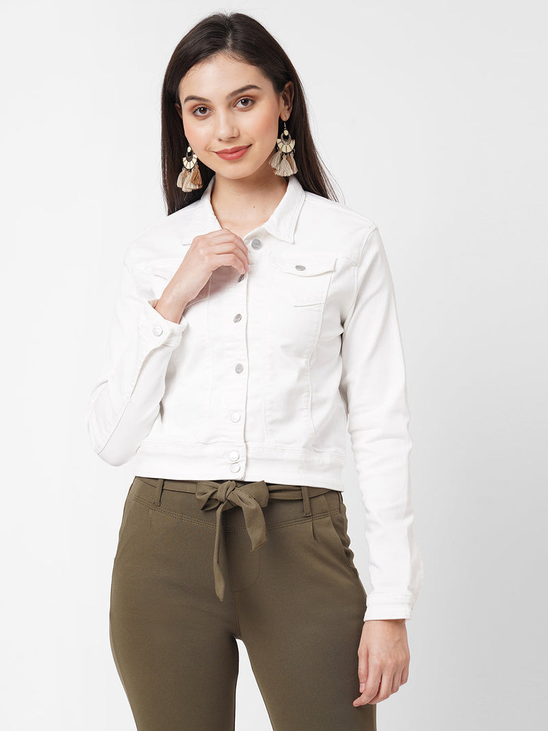 Women White Solid Denim Jacket - White