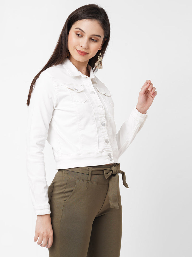 Women White Solid Denim Jacket - White