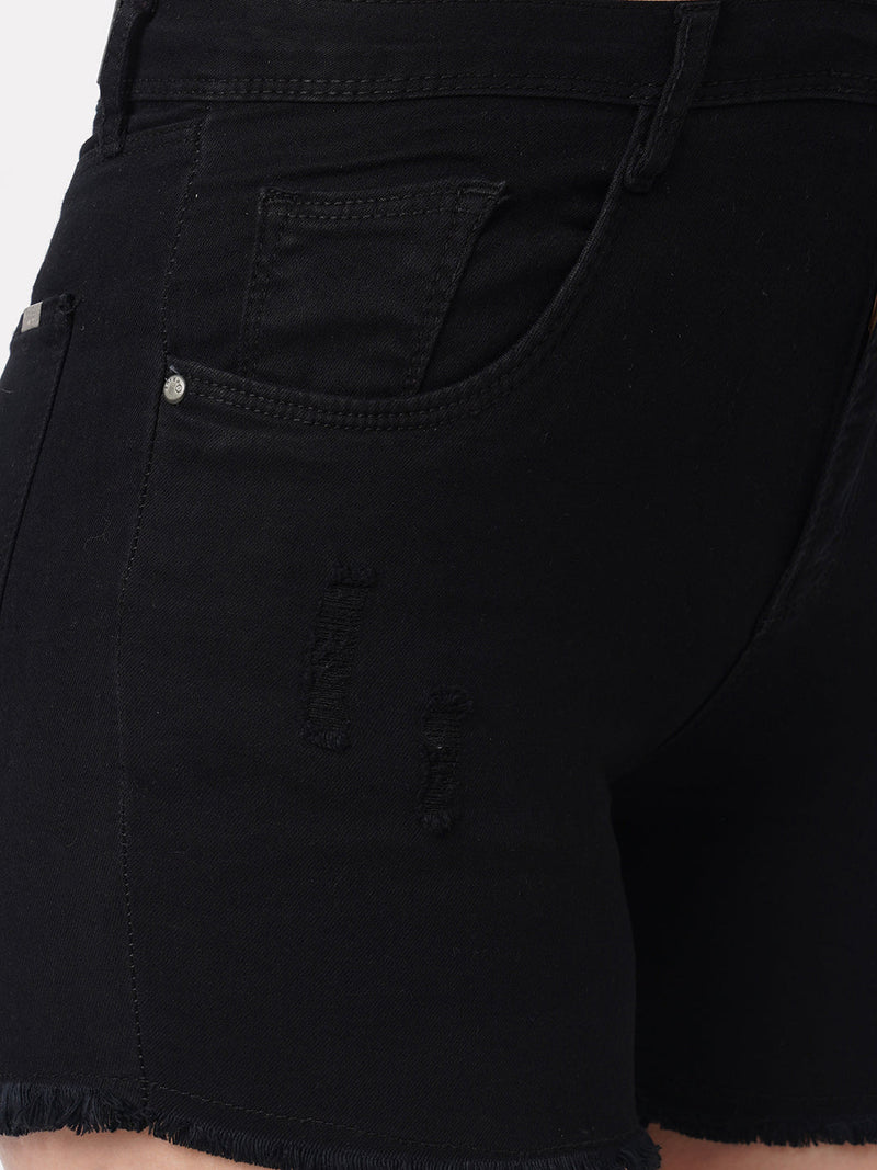 K4041 High-Rise Ripped Shorts - Black