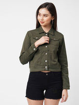 Women Olive Solid Denim Jacket - Olive