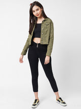 Women Olive Solid Denim Jacket - Olive