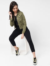 Women Olive Solid Denim Jacket - Olive
