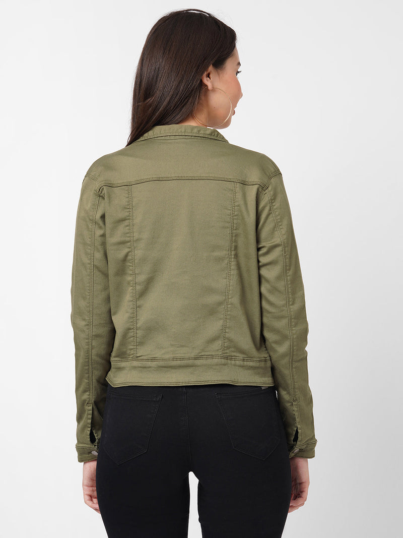 Women Olive Solid Denim Jacket - Olive