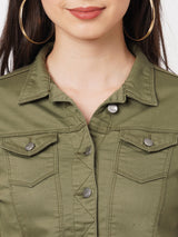 Women Olive Solid Denim Jacket - Olive