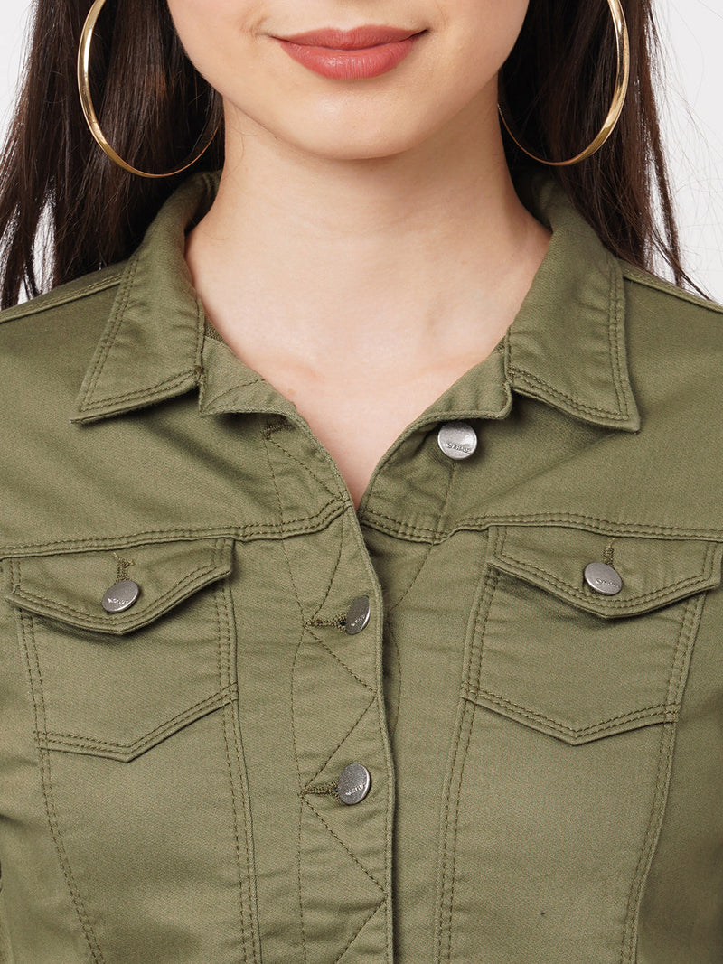 Women Olive Solid Denim Jacket - Olive