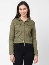 Women Olive Solid Denim Jacket - Olive