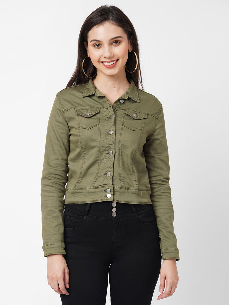 Women Olive Solid Denim Jacket - Olive