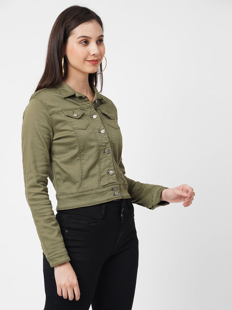 Women Olive Solid Denim Jacket - Olive