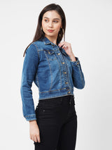 Women Blue Solid Denim Crop Jacket - Blue