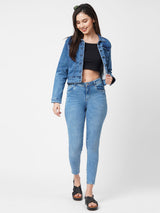 Women Blue Solid Denim Jacket - Blue