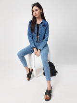 Women Blue Solid Denim Jacket - Blue