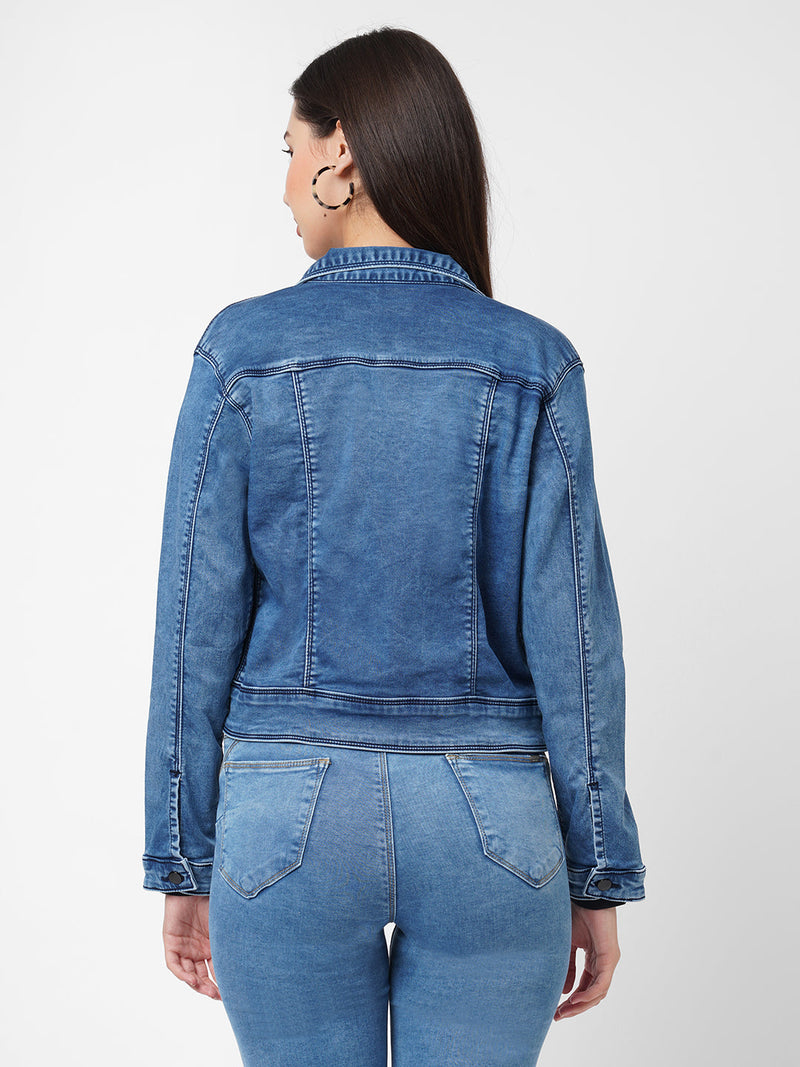 Women Blue Solid Denim Jacket - Blue