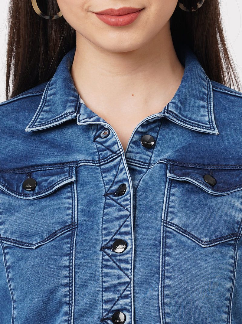 Women Blue Solid Denim Jacket - Blue