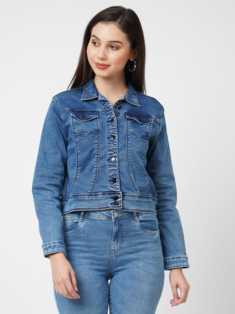 Women Blue Solid Denim Jacket - Blue