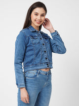 Women Blue Solid Denim Jacket - Blue